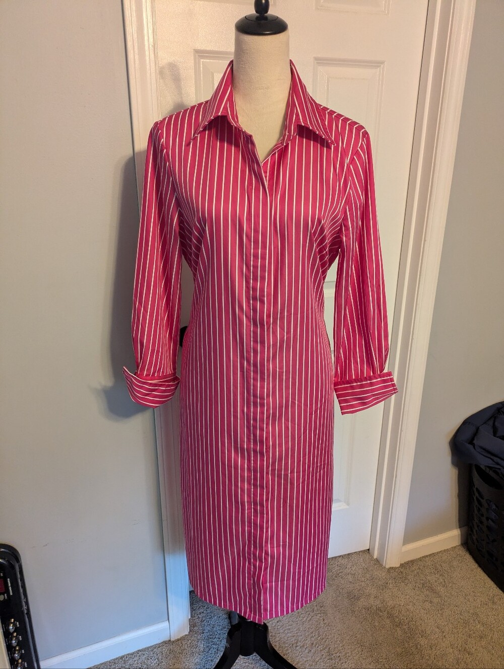 J. McLaughlin Pink and White Striped Long Sleeve Shirt Dress Large